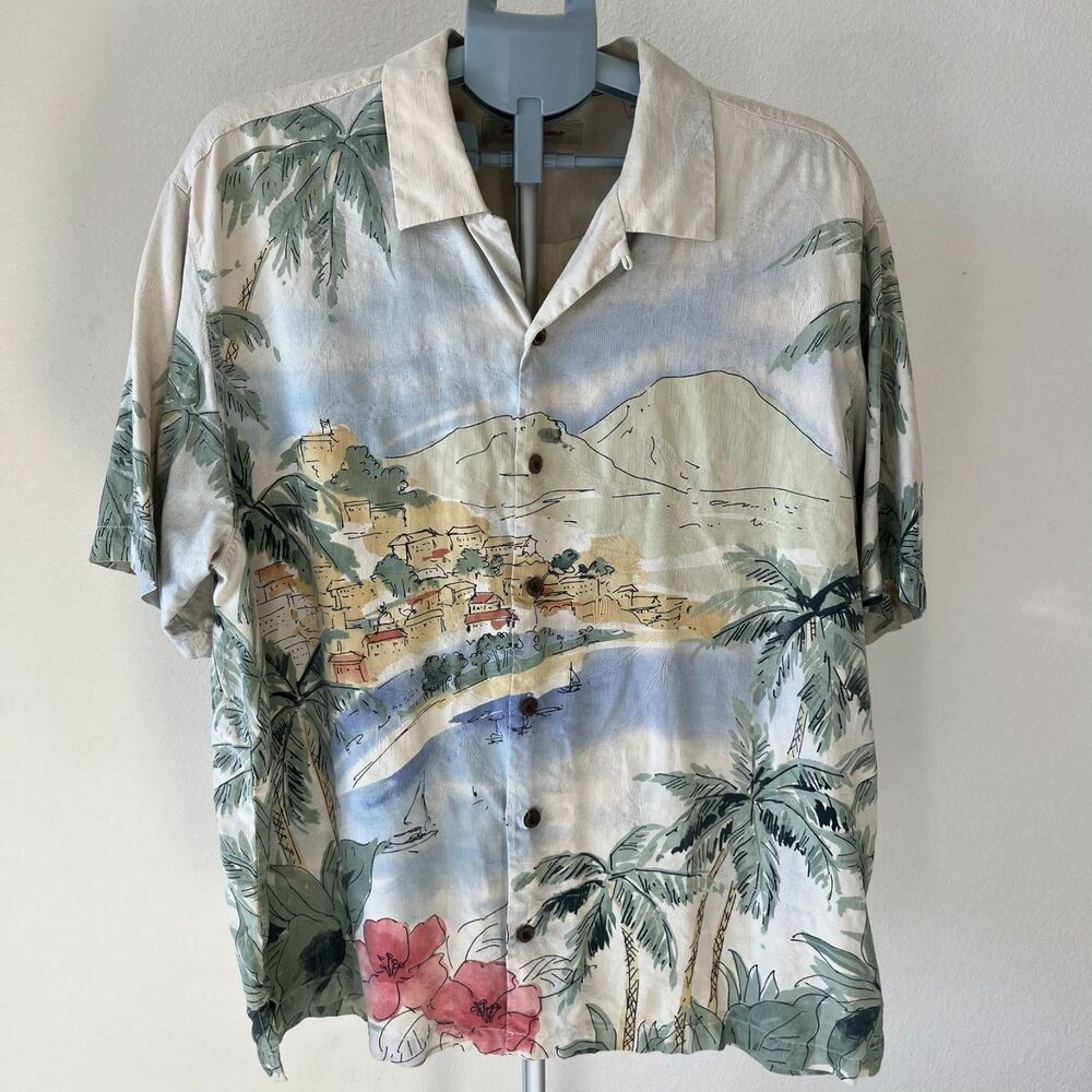 Tommy Bahama Men's Shirt XL 100% Silk Caribbean Cove AOP Print Beach Art To Wear